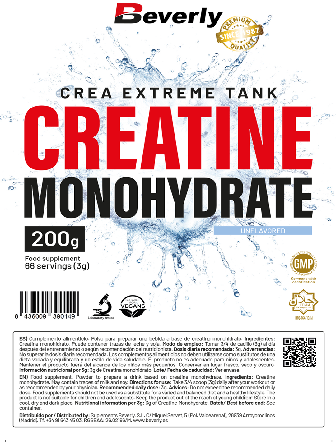 CREATINE MONOHYDRATE | 200 gr - 66 tomas