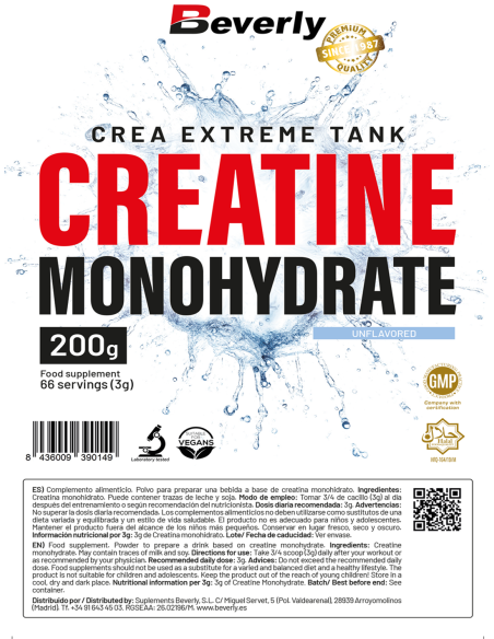 CREATINE MONOHYDRATE | 200 gr - 66 tomas
